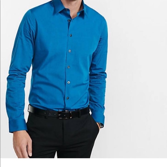 Express 1MX Blue Button Up Fitted Dress Shirt - Picture 2 of 4